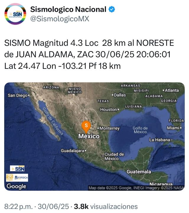 Epicentro al noreste del estado, de acuerdo con el SMN reporte SMN